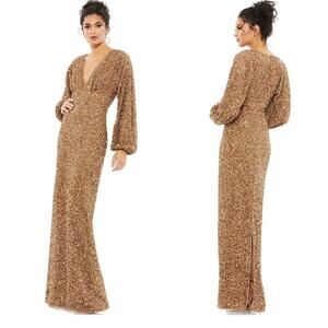 Mac Duggal 10791 Bronze Sequin Long Sleeve Gown Size 12 NWT Formal Prom Bishop